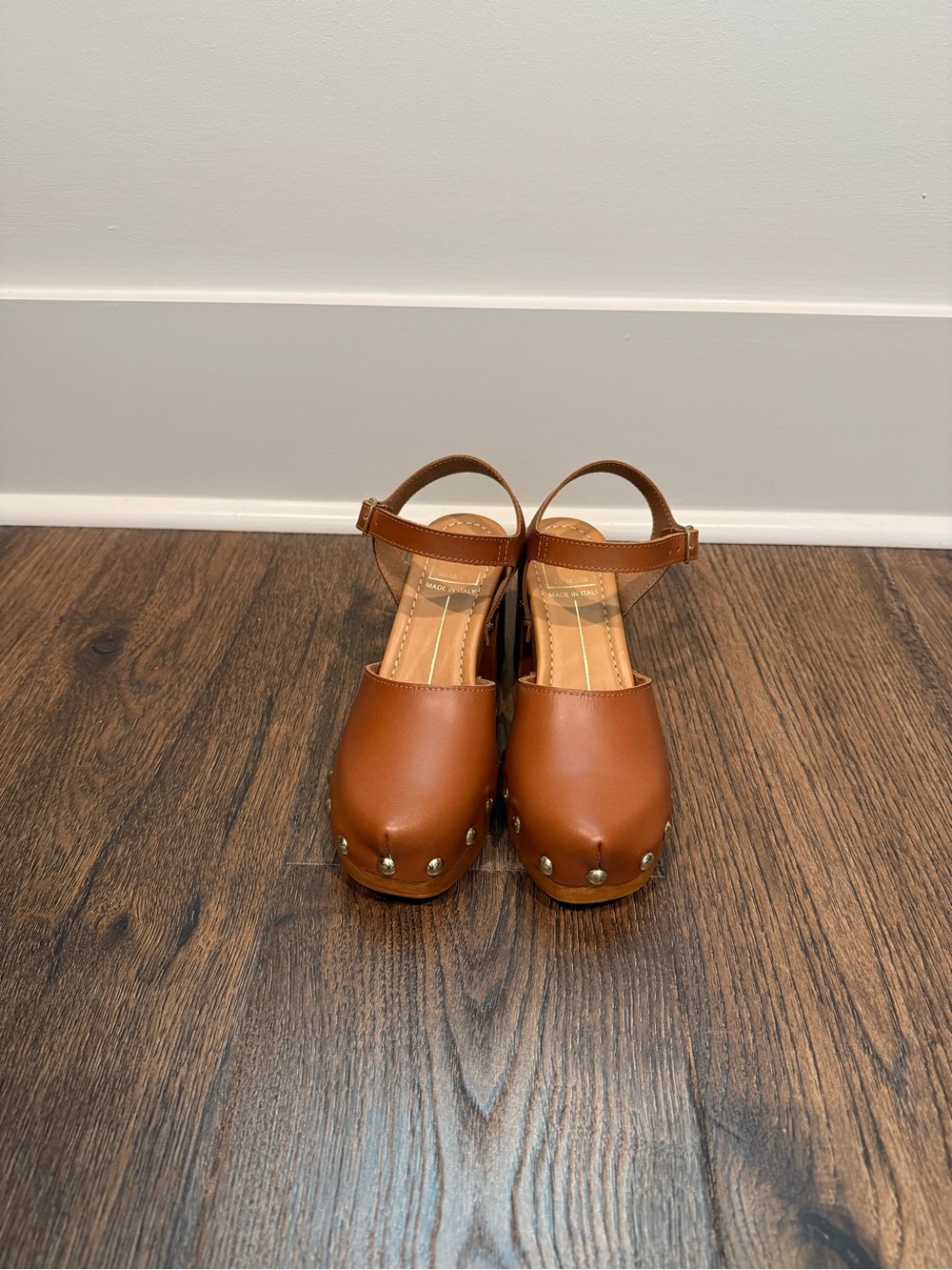 Dolce Vita Cognac Brown Leather Platform Mules with Studded Toe